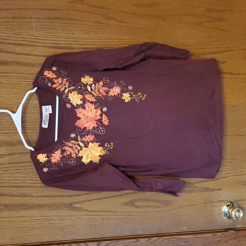 Vintage 90s Y2k Sparkly Sequin Fall Leaves 3/4 Sleeve Top